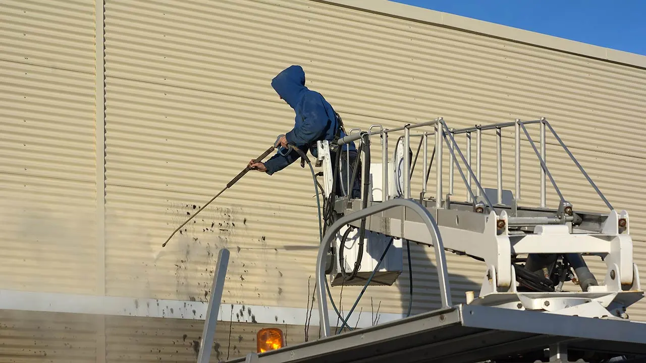 ressure water jet to clean the graffiti on a wall of storefront ressure water jet to clean the graffiti on a wall of storefront